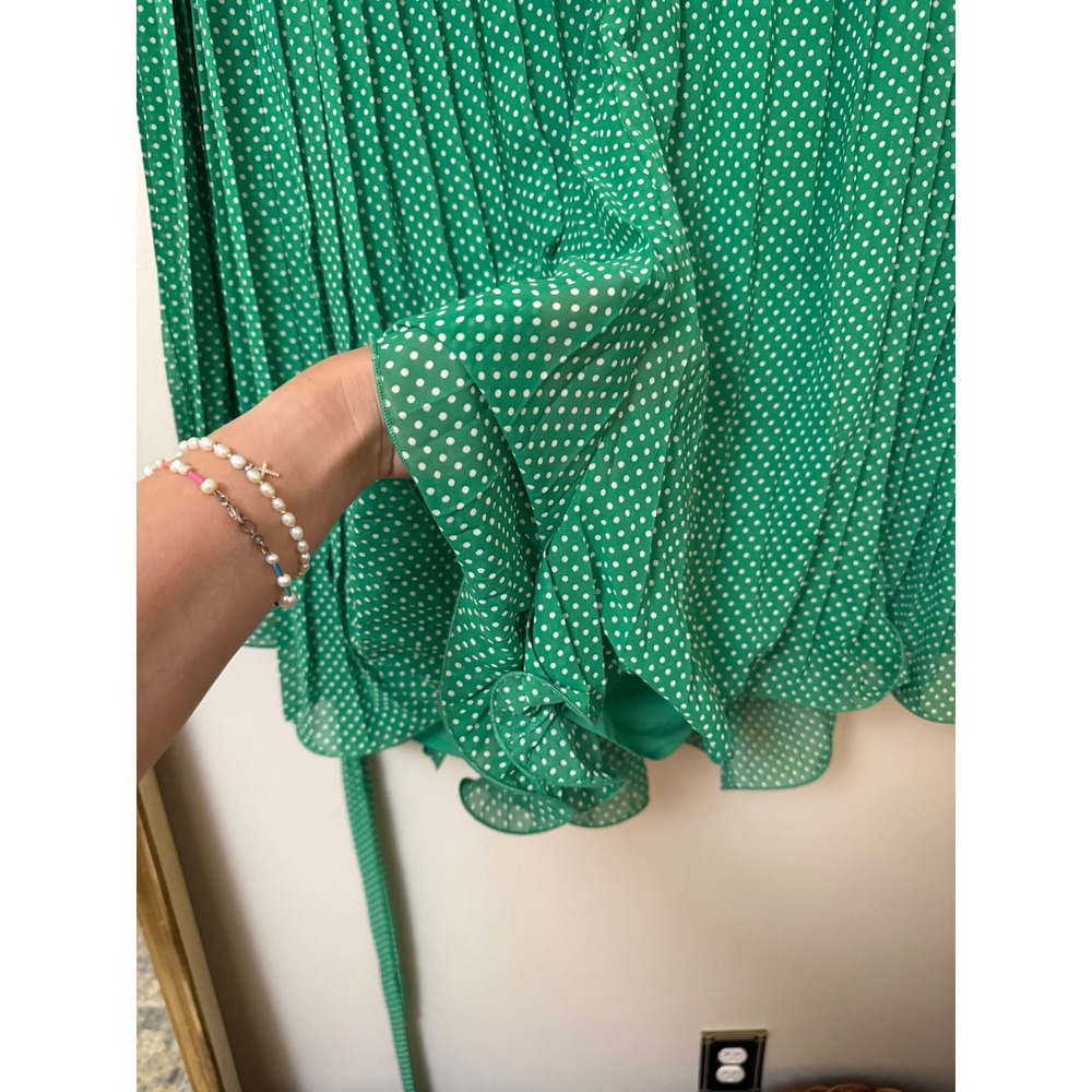 Endless Rose Green Polka Dot Pleated Long Sleeve Wide Leg Romper with Tie Waist - Picture 16 of 16